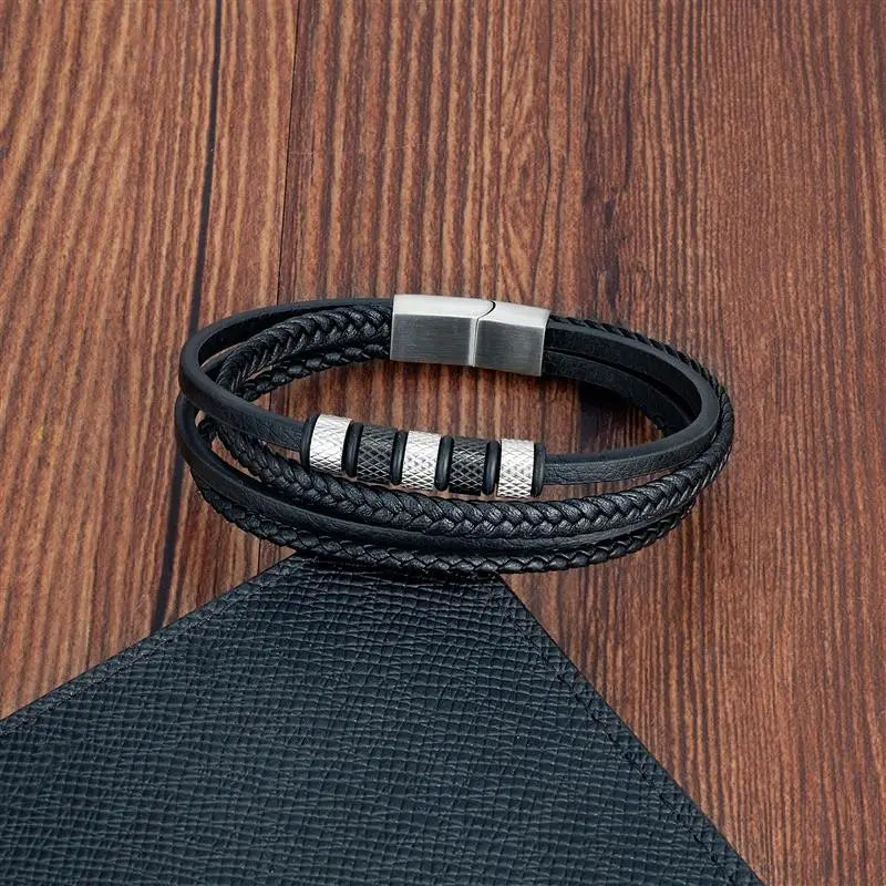 Pulsera Cuero y Acero Inoxidable Para Hombre Diseño Clásico Multicapa