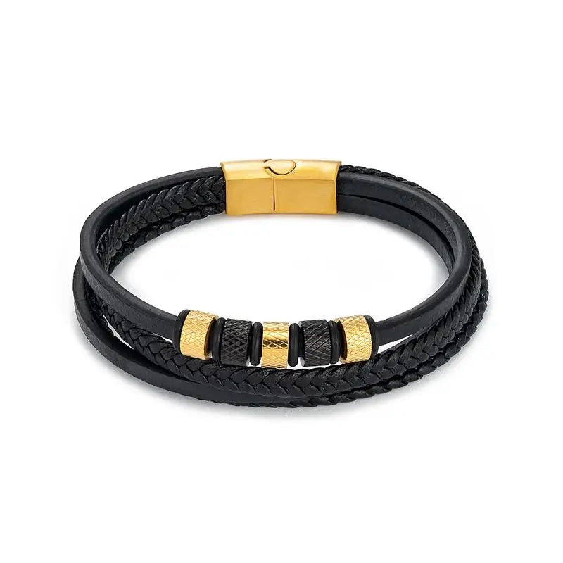 Pulsera Cuero y Acero Inoxidable Para Hombre Diseño Clásico Multicapa