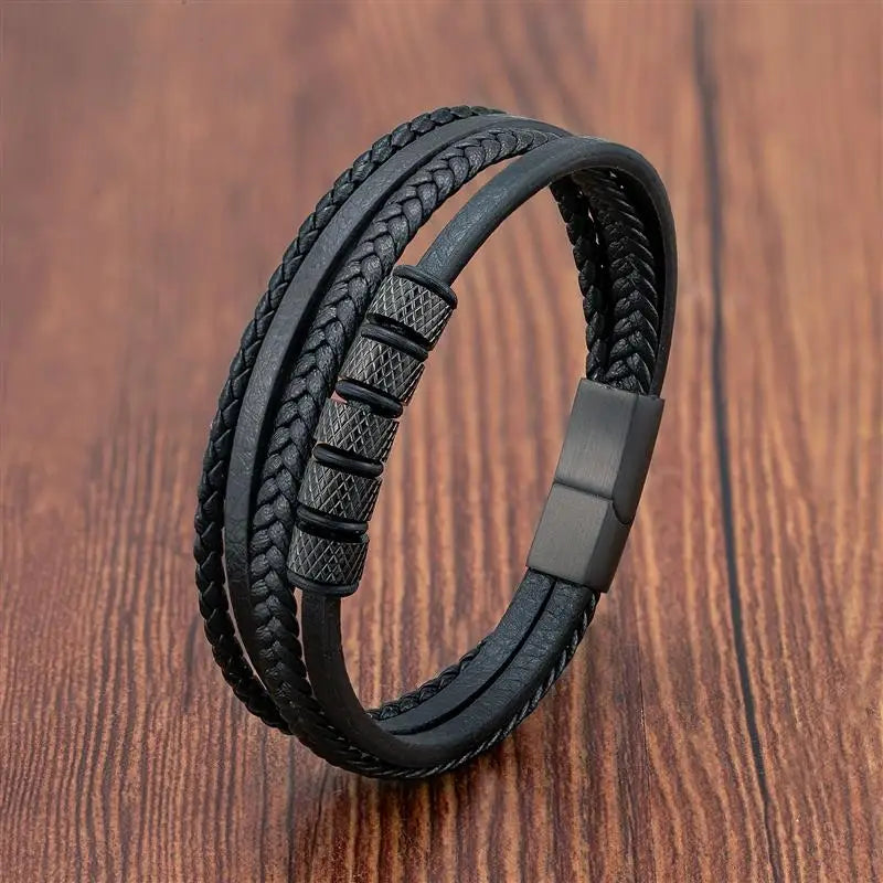 Pulsera Cuero y Acero Inoxidable Para Hombre Diseño Clásico Multicapa