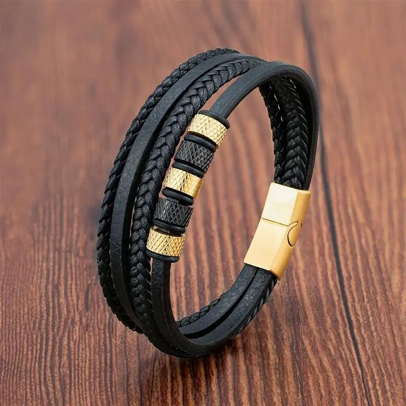 Pulsera Cuero y Acero Inoxidable Para Hombre Diseño Clásico Multicapa